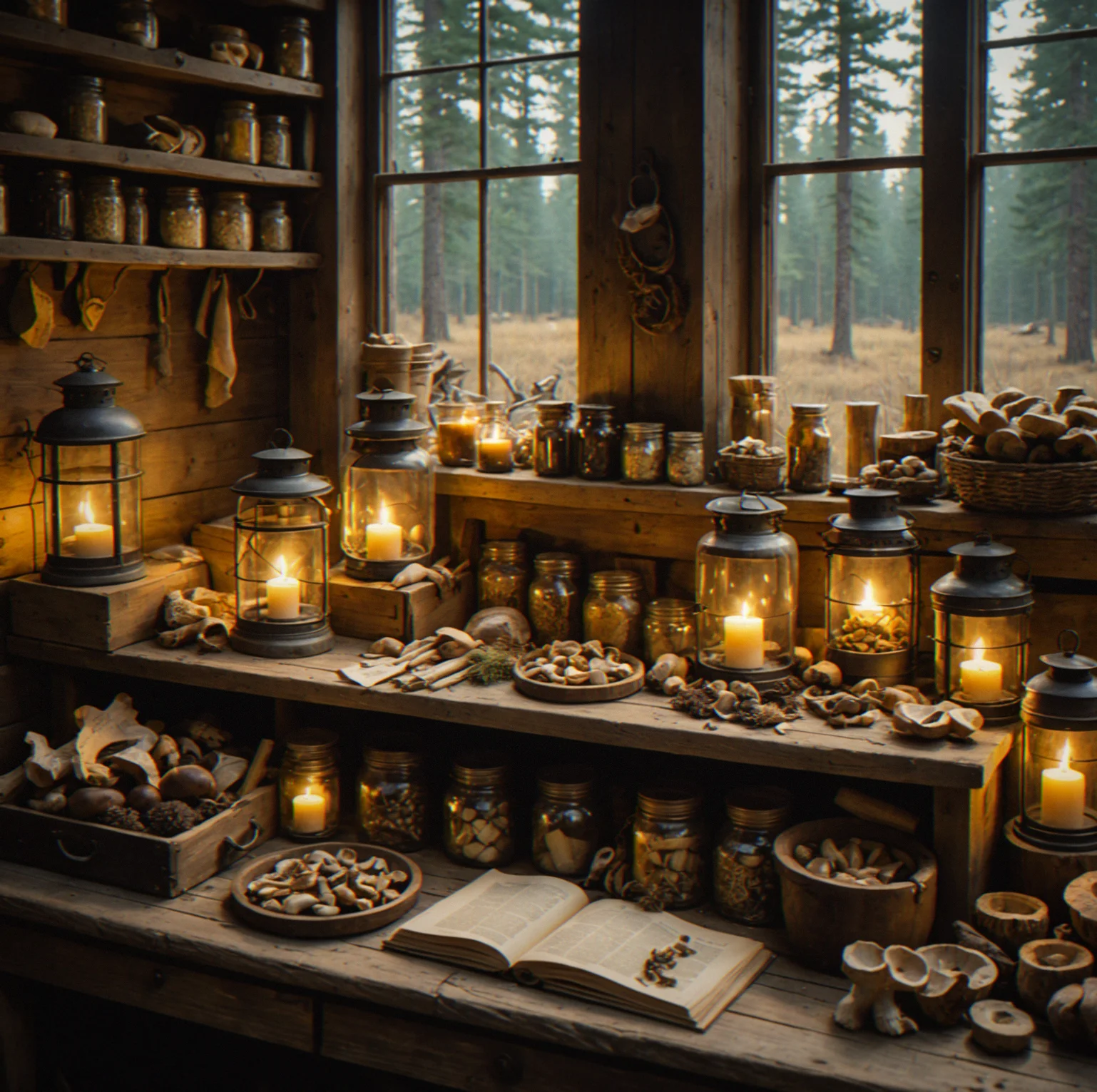 Wooden trading post counter with foraged mushrooms, medicinal herbs, and dried pelts bundled up and arranged neatly under warm lamplight