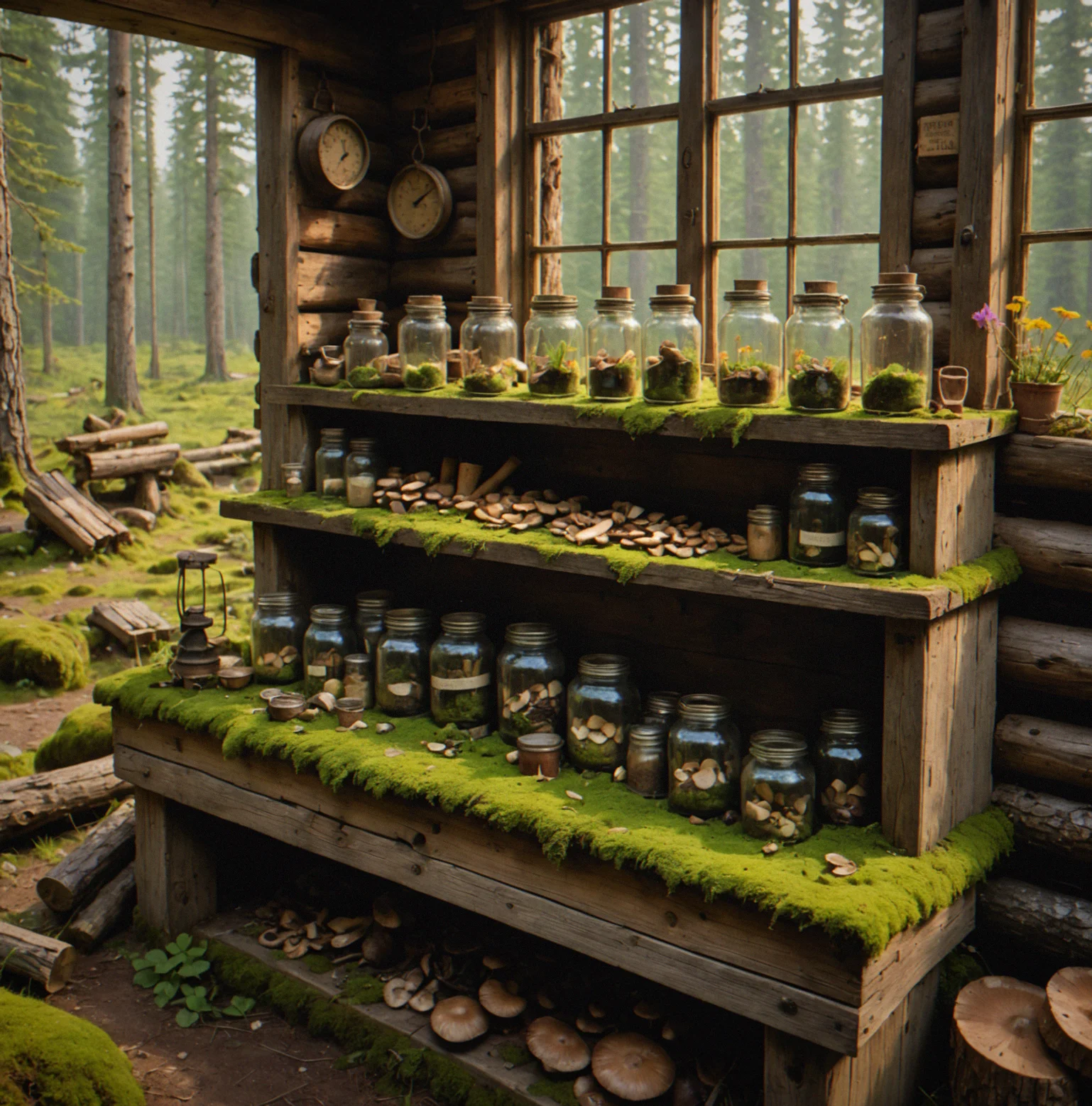 Spring forest floor densely covered in mushroom patches growing between moss-covered logs and wildflowers, waiting to be harvested