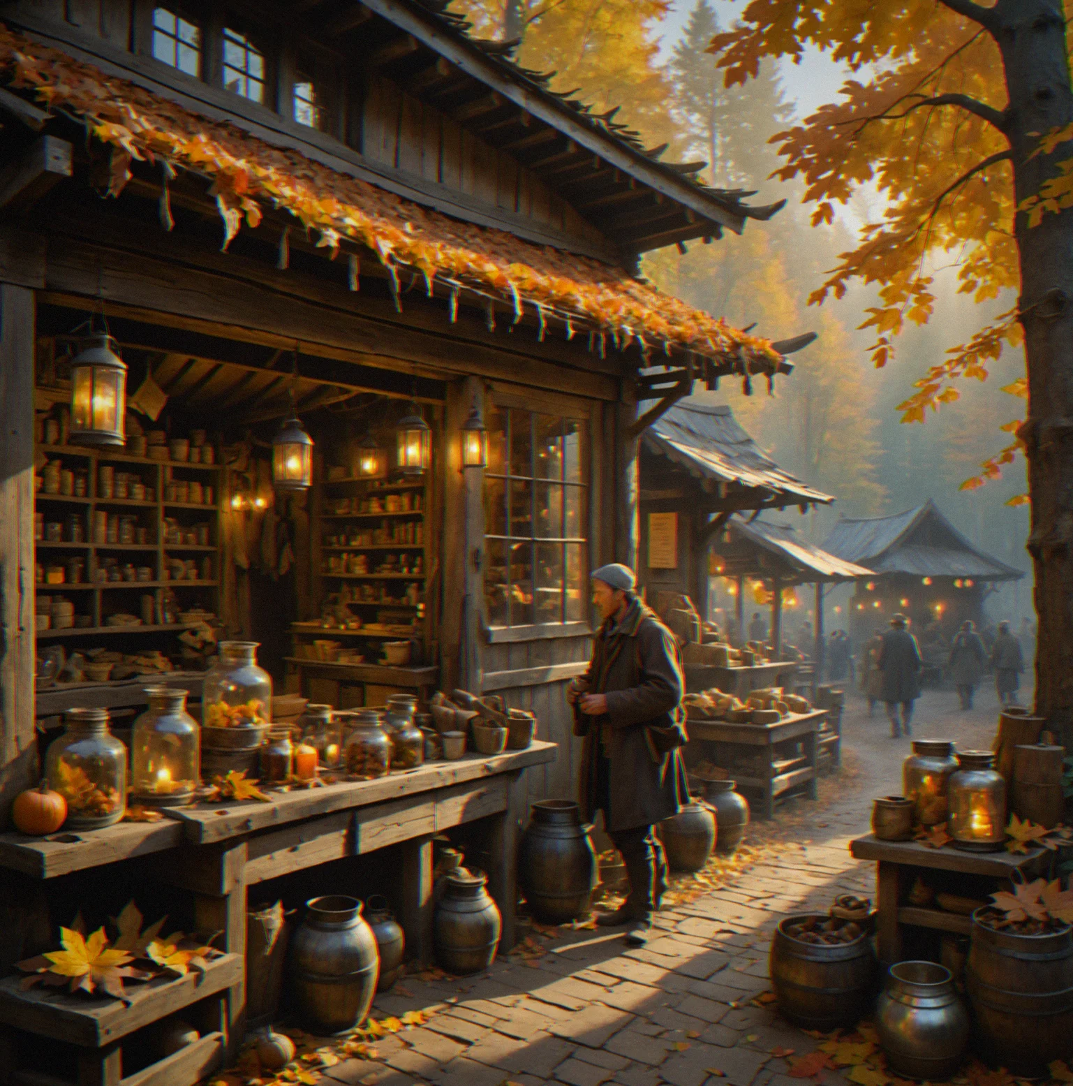 Autumn forest with rare pelts draped across merchant stalls, vibrant leaves falling all around, customers walking up to the trading post