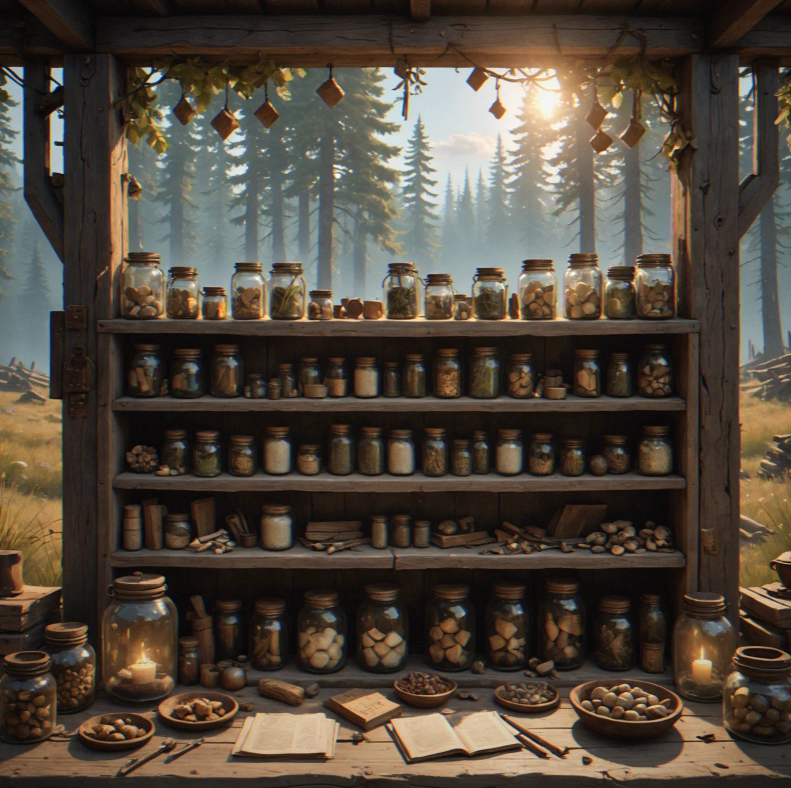 Player inventory screen with a dozen slots mostly filled with mushrooms, herbs, and rare finds