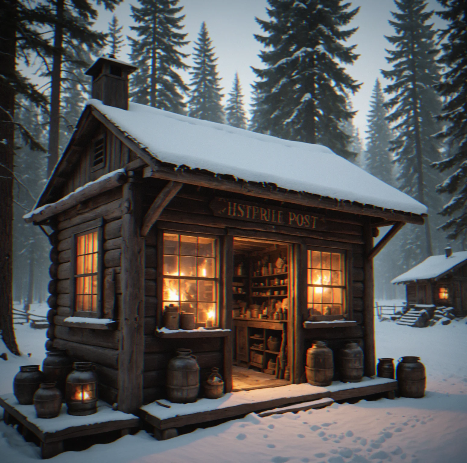 Snow-covered trading post in winter with shuttered windows and NPCs huddled around a fire near the door