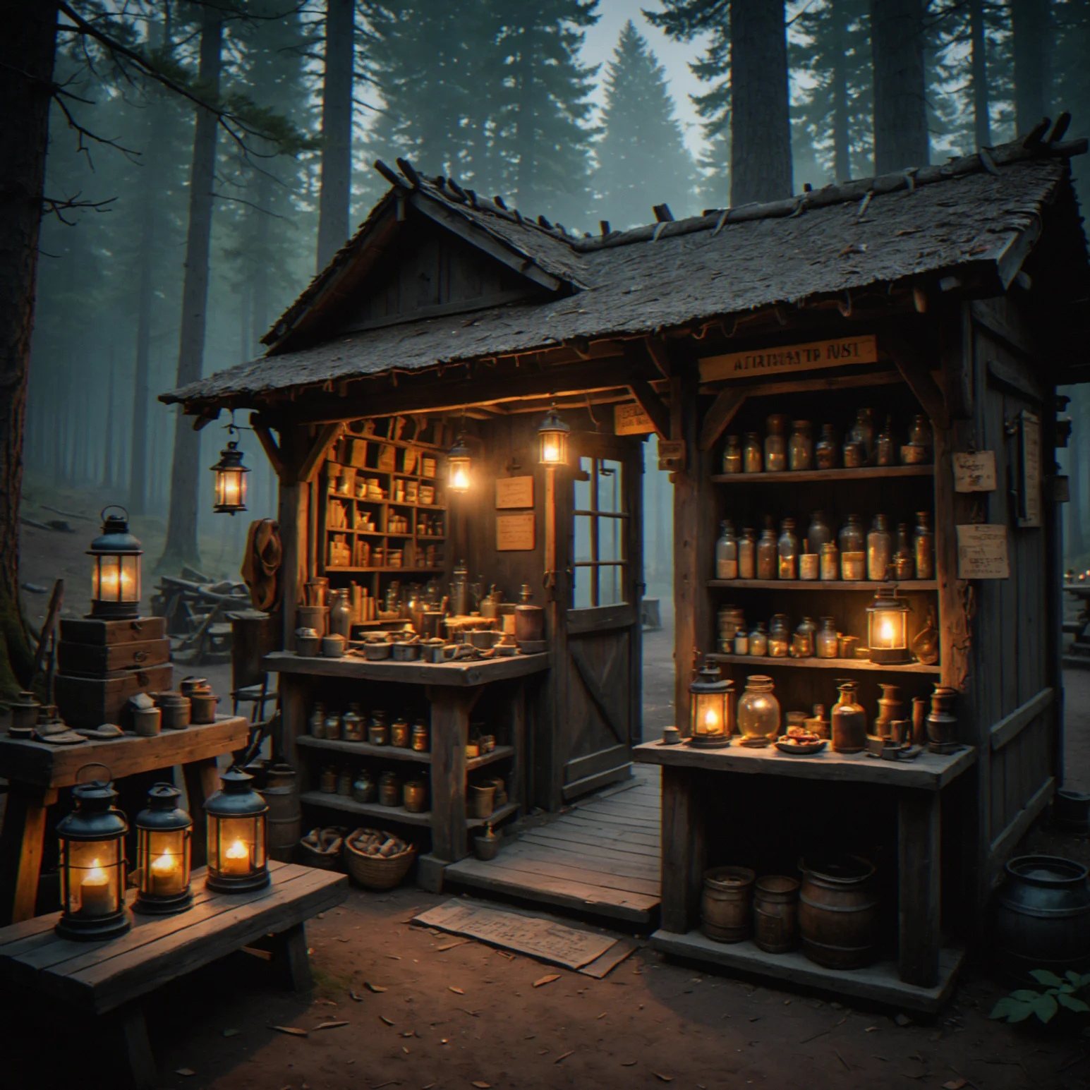 Deep forest path at dusk where a shadowy merchant runs a moonlit stall glowing with rare items