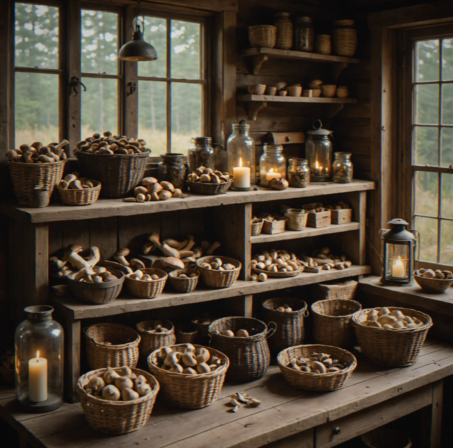 Woven baskets filled with freshly foraged mushrooms arranged on a wooden table
