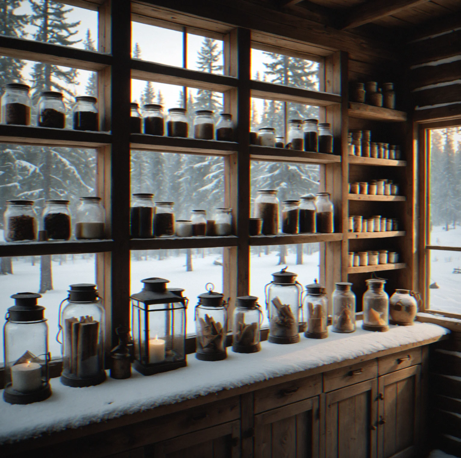 A snow-covered trading post with shuttered windows and empty shelves visible through frost-covered glass