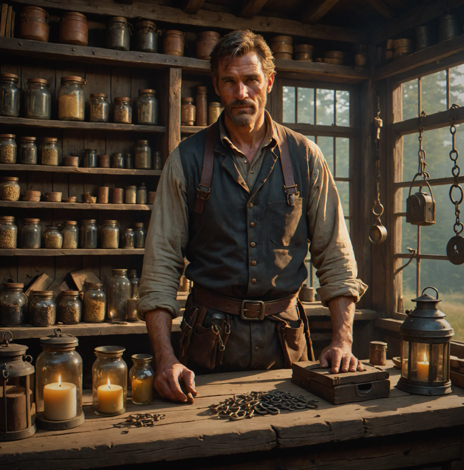 An NPC blacksmith standing behind a counter with two distinct inventory shelves, the upper one locked with a chain