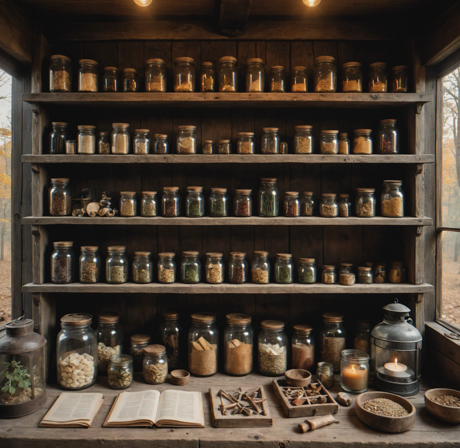 An inventory grid showing 15 slots with various foraged goods, herbs, and pelts, most slots filled