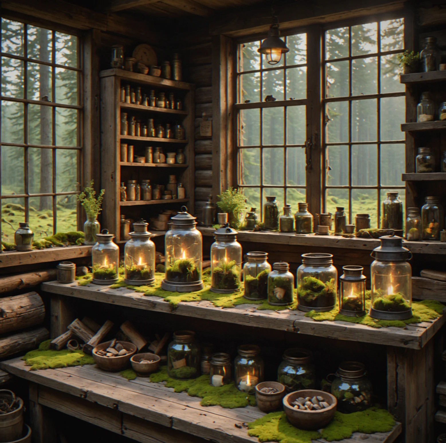 A forest clearing with herbs growing naturally among moss and fallen logs, untouched and thriving
