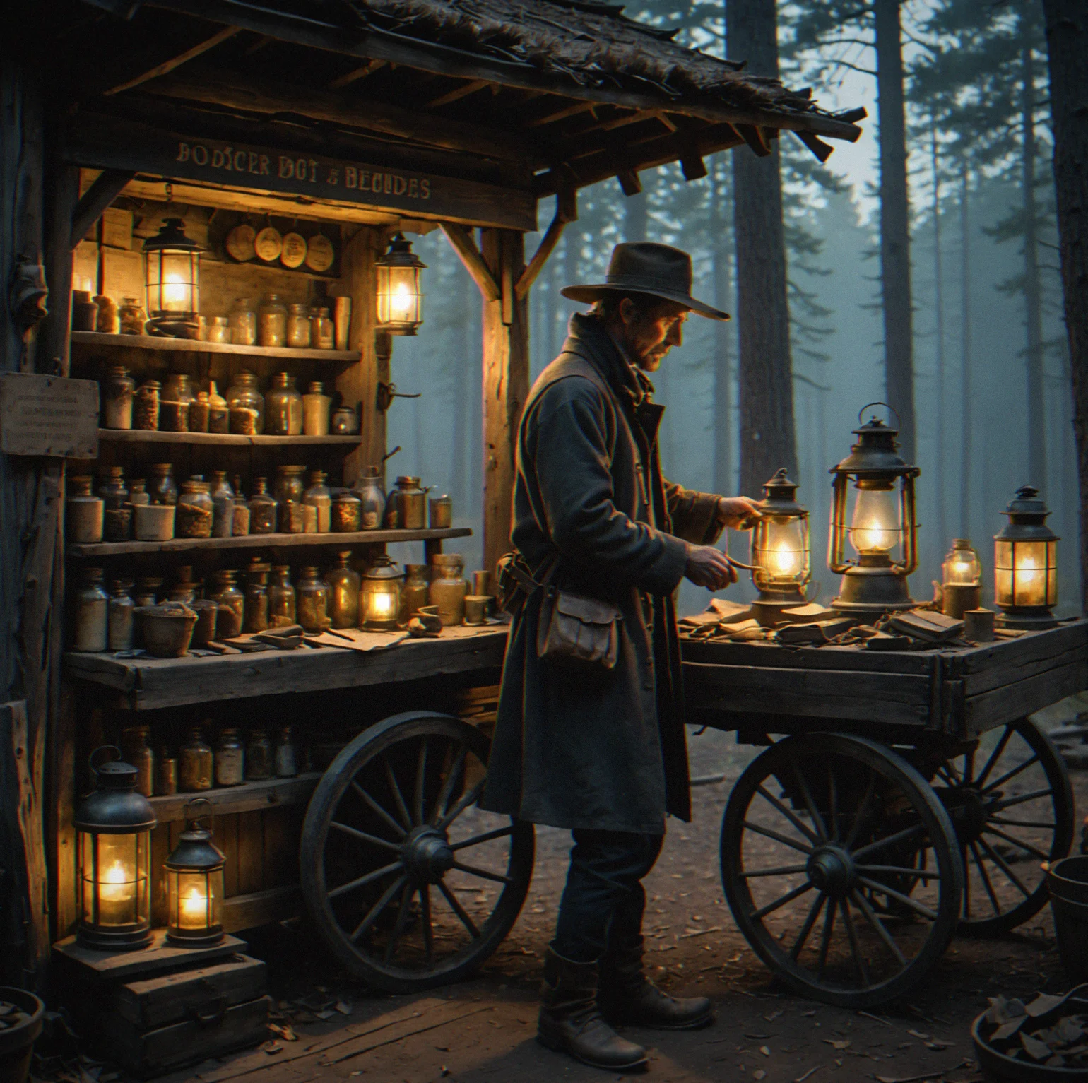A shadowy forest figure at dusk wearing a wide-brimmed hat, tending a mysterious cart laden with glowing rare items