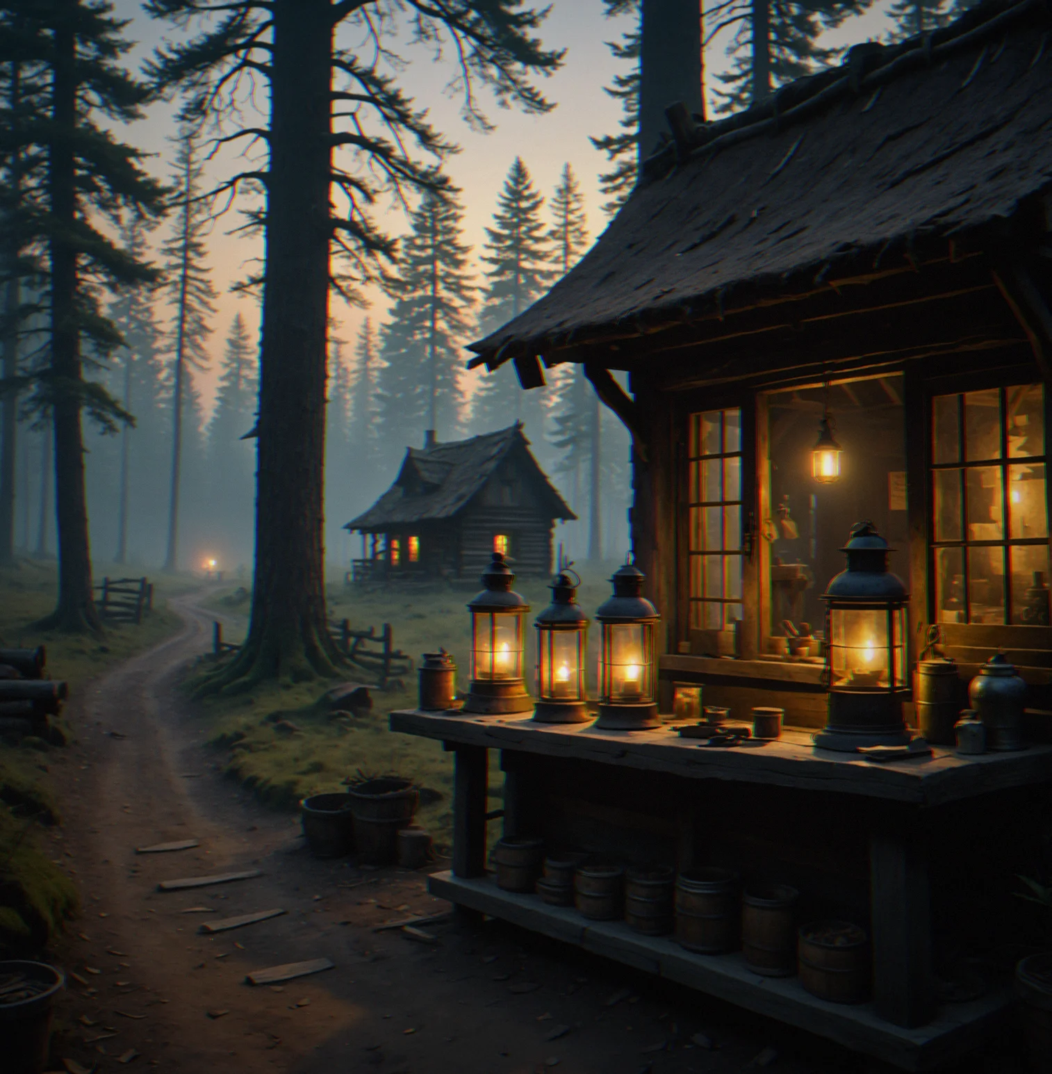 A shadowed forest path at dusk with a distant merchant silhouette and floating particles suggesting hidden discovery