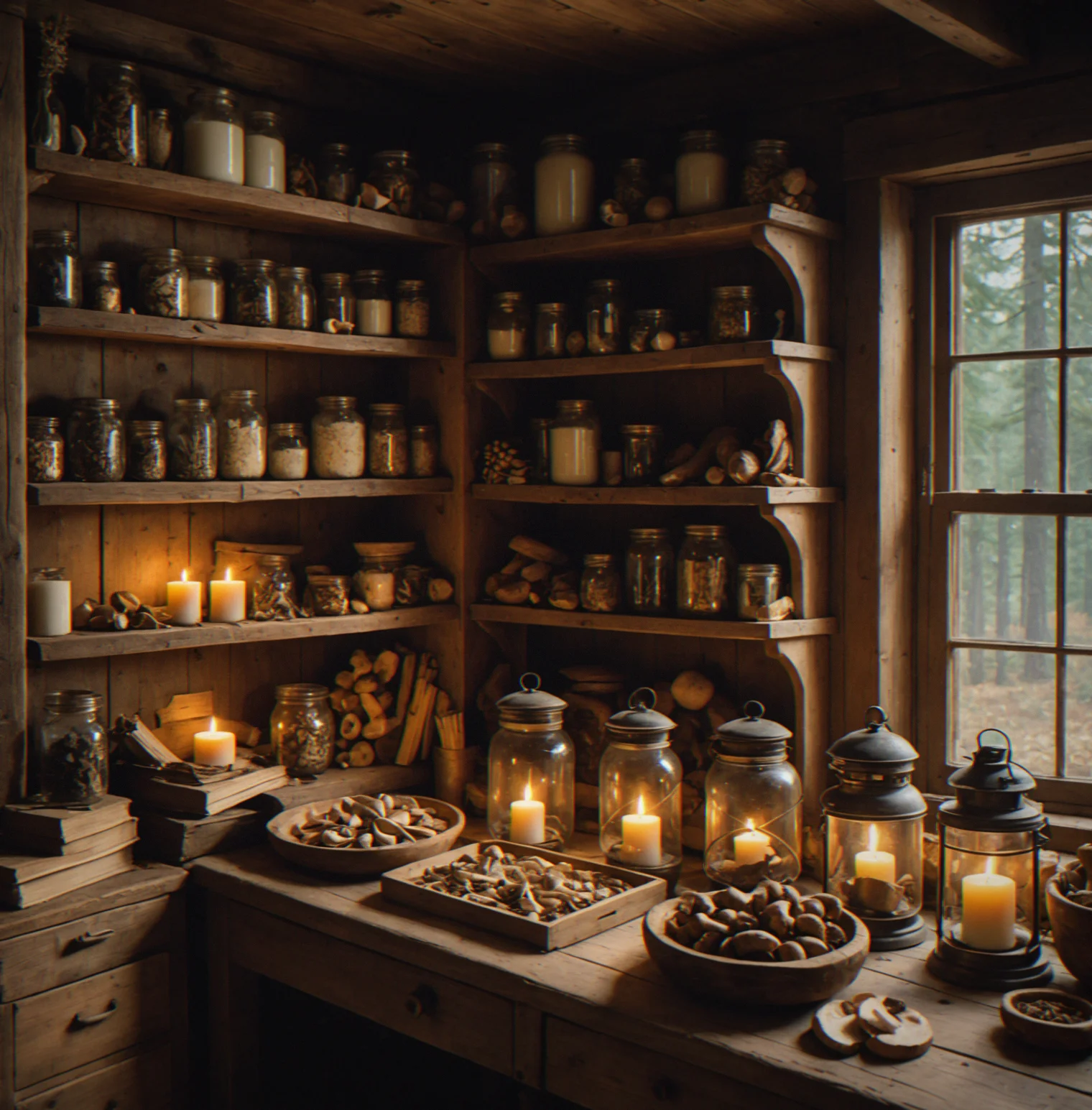 Wooden trading post counter with foraged mushrooms, herb bundles and rare pelts stacked in neat piles. Warm candlelight from above.
