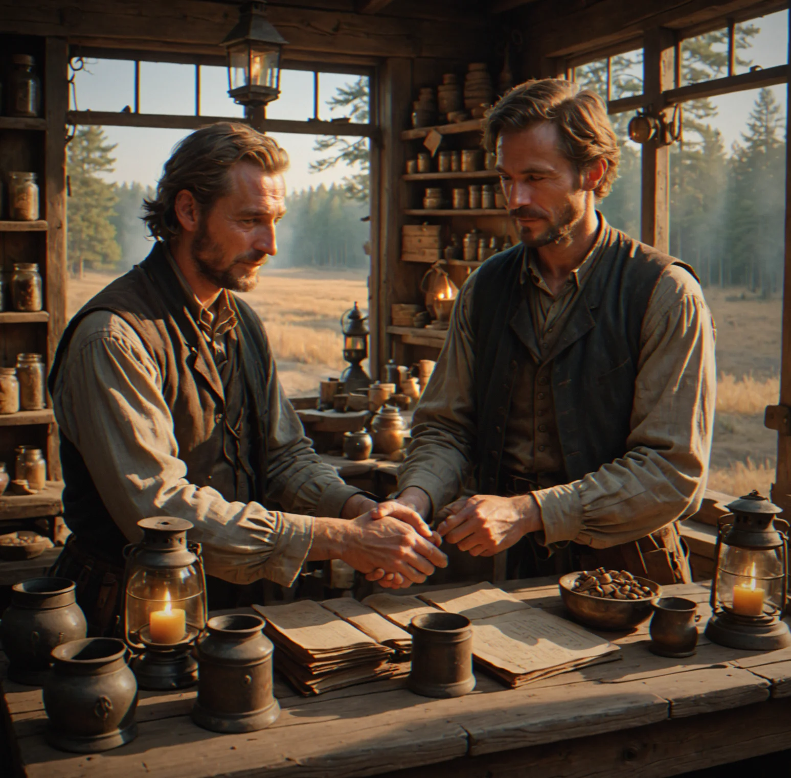 Two merchants shaking hands over a counter, with numbered trade maekers floating between them