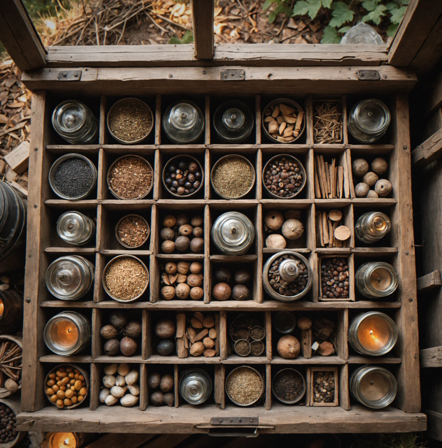 An overhead view of a merchant's pack with 12 compartments, most filled with foraged goods and trading materials