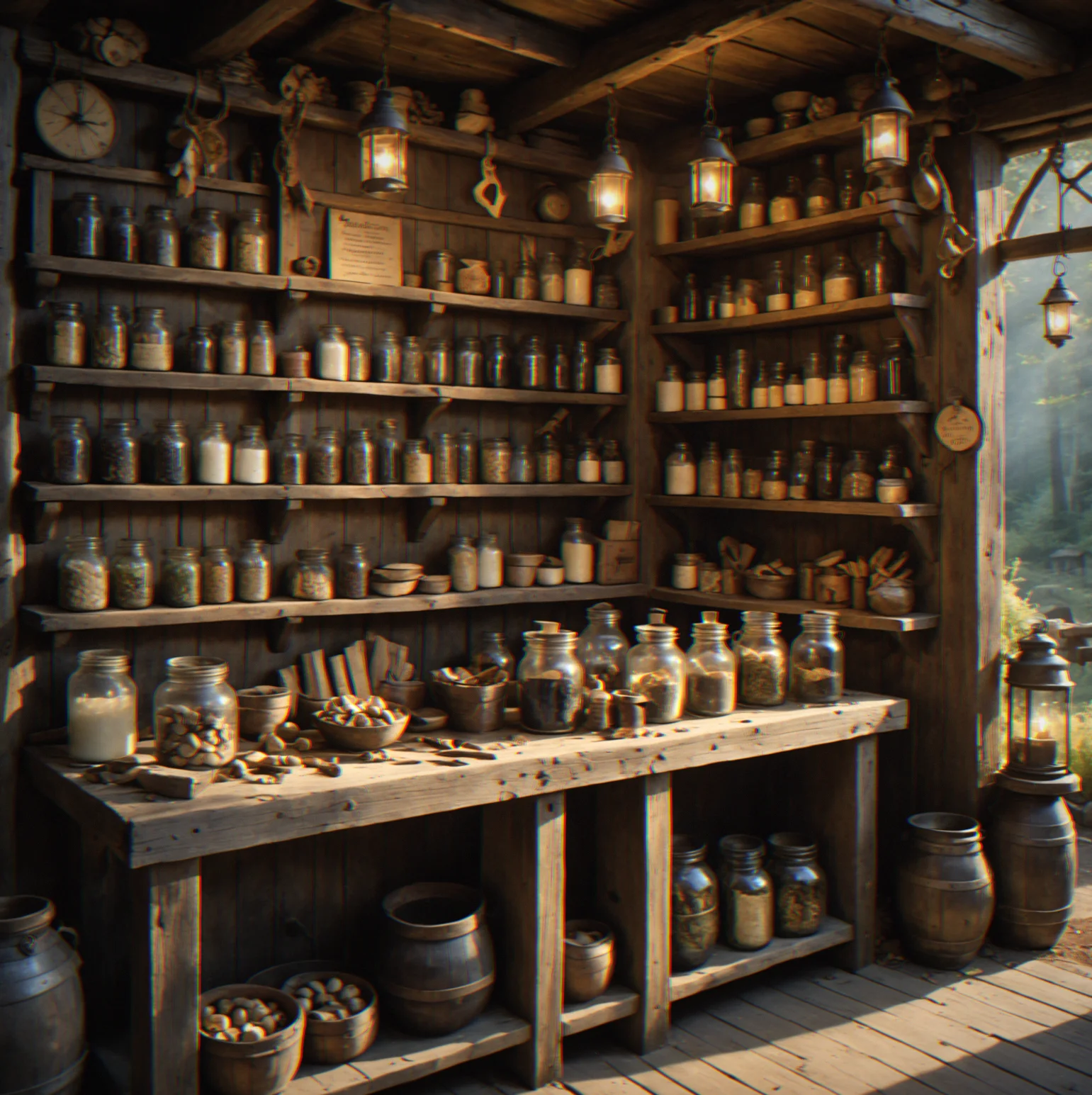 Three interconnected merchant stalls with arrows showing mushrooms flowing to the herbalist, potions to the healer, and rare ingredients to the alchemist