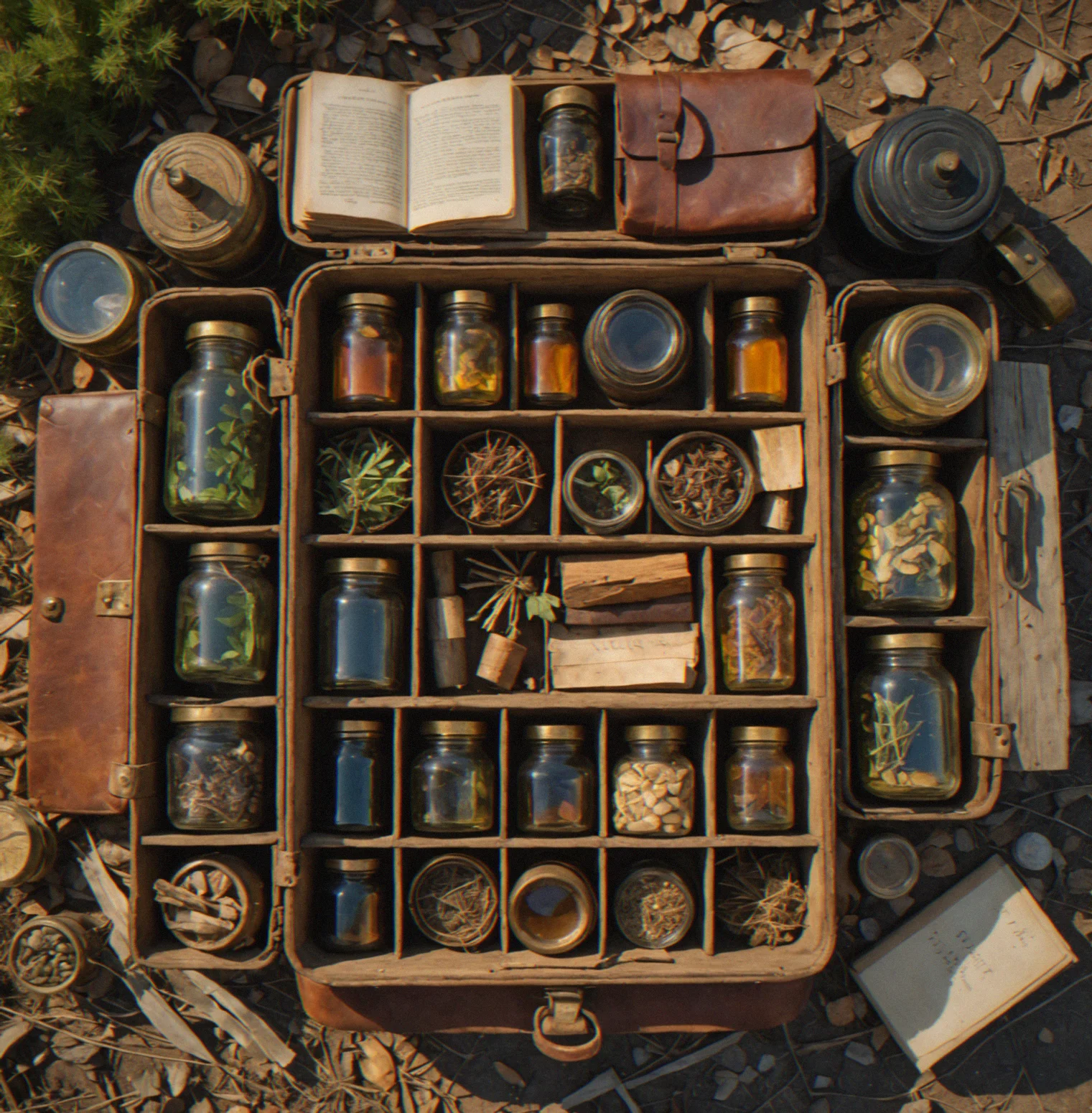 A top-down view of a merchant's backpack showing 12 compartments with a mix of foraged goods, rare pelts and medicinal herbs partially filling the space