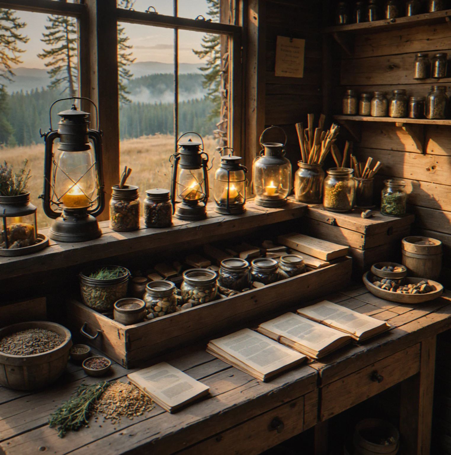 A blacksmith's counter showing three distinct inventory shelves stacked vertically, with the upper tiers glowing slightly
